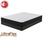 UltraFlex Purity mattress with a white quilted top and black sides on a dark foundation.