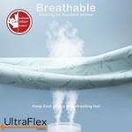 Mattress fabric airflow illustration with a wave of white fabric above rising air.