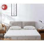 UltraFlex SolidSleep mattress and pillows beneath a grey upholstered headboard.