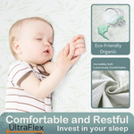 Sleeping baby beside close-ups of soft mattress fabric in an UltraFlex comfort graphic.