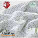Close-up of folded white mattress fabric with green bamboo motifs.