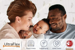 Parents smiling with a baby on a mattress beside UltraFlex quality and Canadian-made symbols.