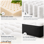 Mattress materials graphic showing natural latex, pocket coils, quilted fabric and support foam.