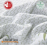 Close-up of folded white mattress fabric with green bamboo motifs.