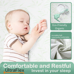 Sleeping baby beside close-ups of soft mattress fabric in an UltraFlex comfort graphic.