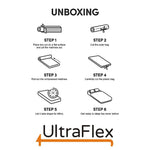 Six-step mattress unboxing guide: position the box, open it, unroll the mattress, remove wrapping and allow expansion.