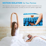 Pocket coil motion-isolation graphic showing one person stretching while a partner sleeps.