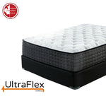 UltraFlex Imperial mattress corner showing dark quilted sides above a black foundation.