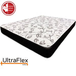 UltraFlex Zenith mattress with a white floral-patterned top and black sides.