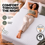 Woman resting on a Comfort Living jersey mattress protector with breathable fabric features shown.