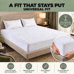 Comfort Living jersey mattress protector on a bed, with a close-up of its stretchy fitted corner.