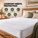 Comfort Living mattress protector on a bed with waterproof, quilted comfort and secure-fit features.
