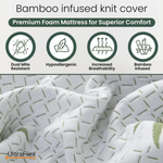 Bamboo-knit mattress cover graphic showing fabric texture and material feature icons.