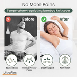 Mattress comfort graphic comparing a person holding their back with a person stretching in bed.