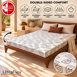 UltraFlex Divine double-sided mattress with a flip arrow showing either sleeping surface can be used and a close-up of the patterned cover.