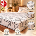 Close-up of the UltraFlex Divine mattress cover showing its geometric pattern, coordinated top and sides, and finished edges.