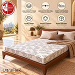UltraFlex Divine foam mattress with icons for medium-to-firm comfort, body contouring, double-sided use, Canadian manufacturing and boxed delivery.