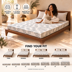 UltraFlex Divine mattress size guide showing Twin, Double, Queen and King, plus 4- to 10-inch profiles; thickness options vary by size.
