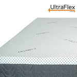 Close-up of the UltraFlex Dreamer mattress surface and grey upholstered side.
