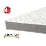 UltraFlex mattress corner showing its quilted white top and grey fabric side panel.