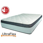 UltraFlex Euphoria mattress with a white quilted top, dark trim and pale patterned side panels.