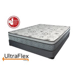 UltraFlex Evoke mattress with a patterned quilted top and layered grey sides.
