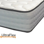 Close-up of the UltraFlex Glory mattress corner with grey side quilting and dark piping.