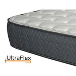Close-up of the UltraFlex Majestic mattress corner with a wave-patterned grey side panel.