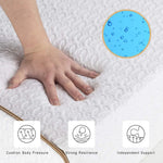Hand pressing a mattress surface to illustrate foam cushioning and recovery.