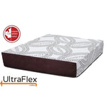 UltraFlex Pleasure mattress with a swirling grey-and-white cover and burgundy sides.