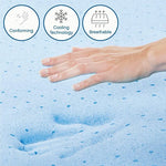 Hand pressing perforated blue foam beside icons for contouring, cooling and breathability.
