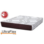 UltraFlex Serenity mattress with a swirling grey-and-white cover and burgundy sides.