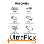 Six-step mattress unboxing guide: position the box, open it, unroll the mattress, remove wrapping and allow expansion.