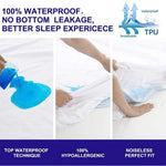 Mattress protector graphic illustrating a waterproof layer, fitted corners and a quiet fabric surface.