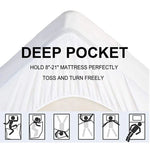 Deep-pocket mattress protector diagram showing a fitted corner and an 8-to-21-inch depth range.
