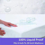 Waterproof mattress protector graphic showing spilled water and a 6-to-20-inch depth range.