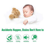 Sleeping child beside a teddy bear in a waterproof mattress protector graphic.